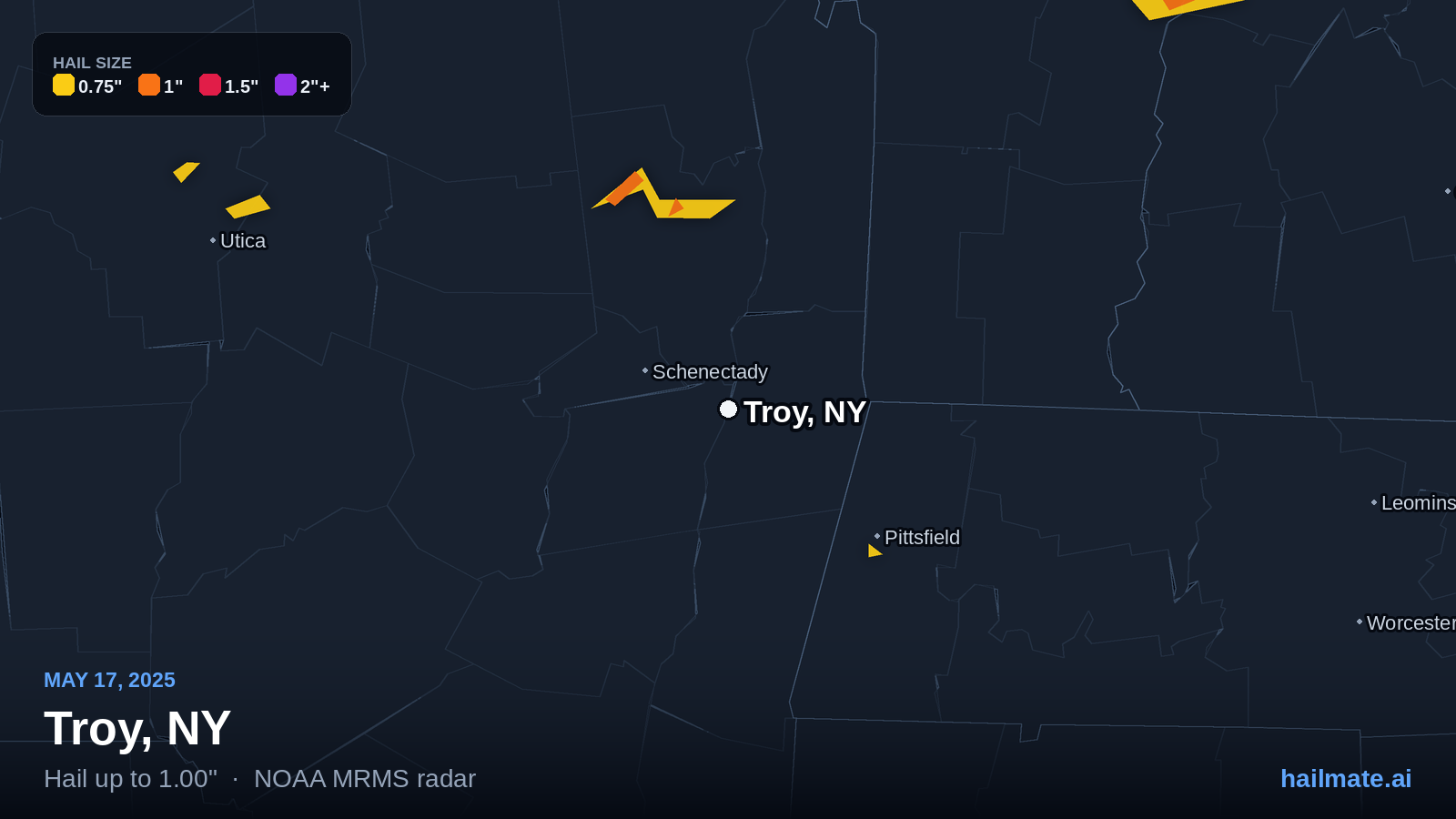 Hail swath map for Troy, NY on May 17, 2025 showing 1.00 inch hail.