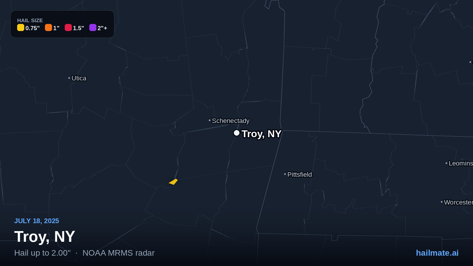 Hail swath map for Troy, NY on July 18, 2025 showing 2.00 inch hail.