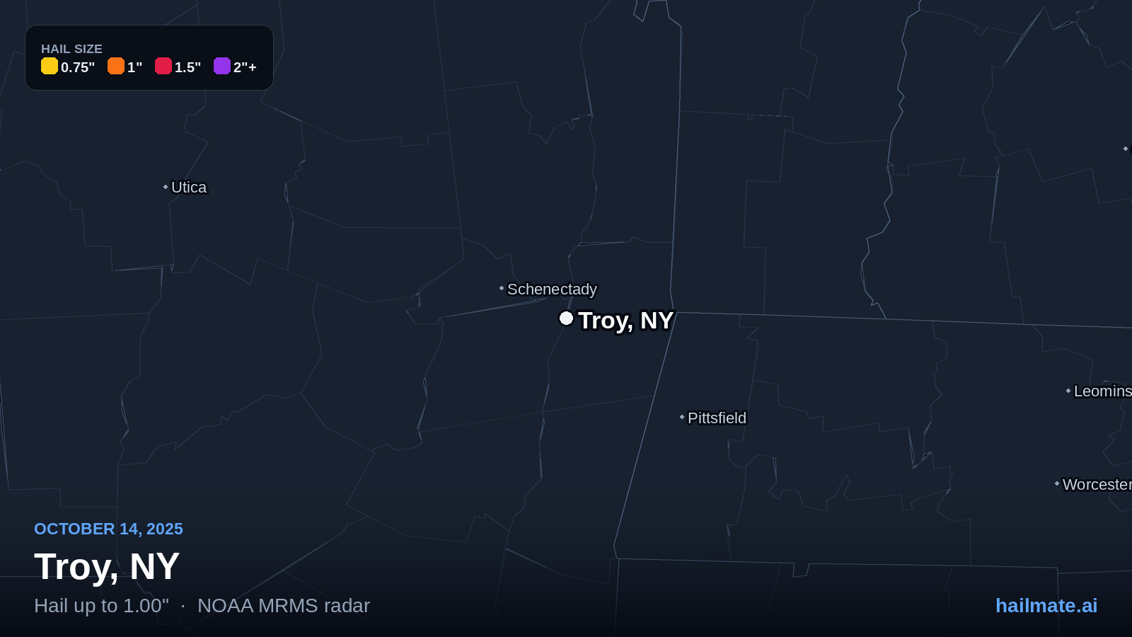 Hail swath map for Troy, NY on October 14, 2025 showing 1.00 inch hail.