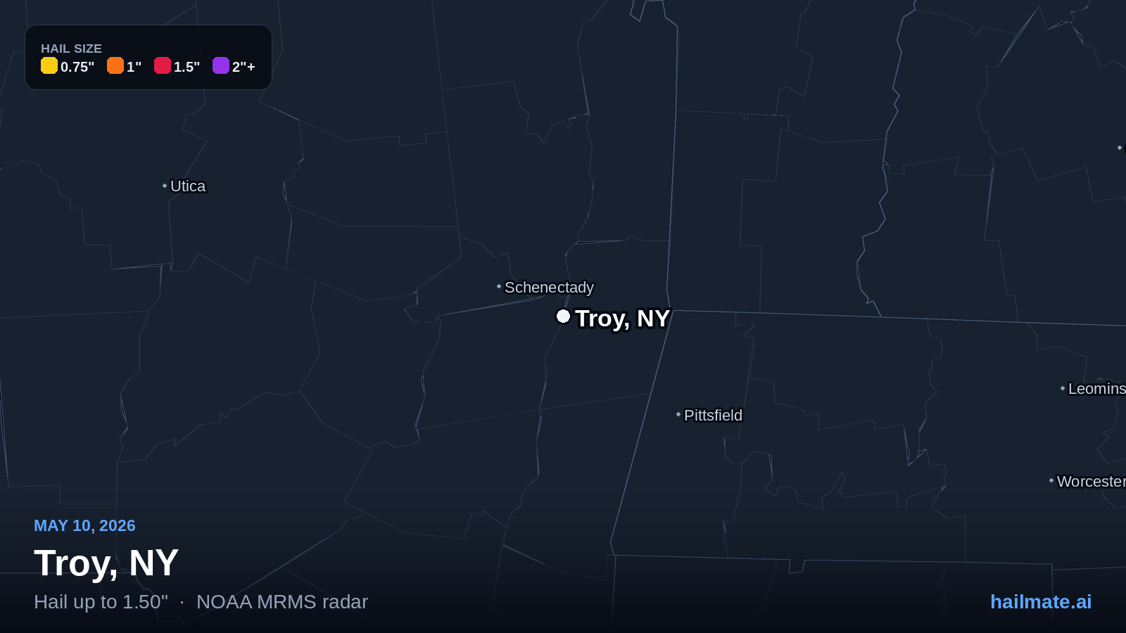 Hail swath map for Troy, NY on May 10, 2026 showing 1.50 inch hail.