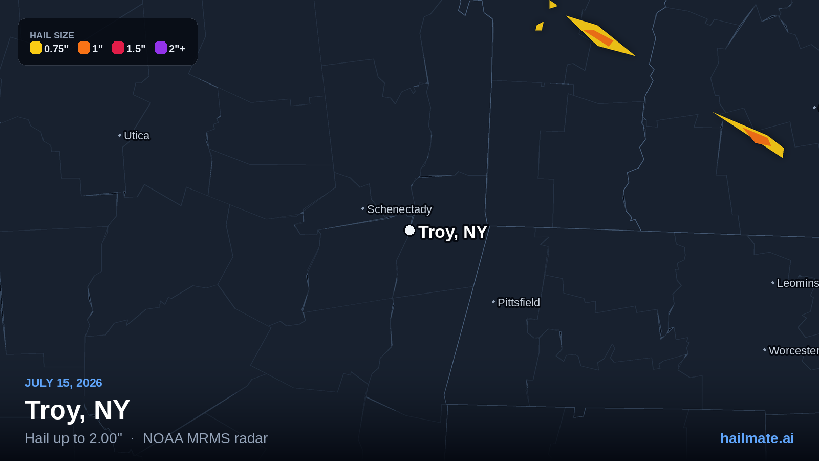 Hail swath map for Troy, NY on July 15, 2026 showing 2.00 inch hail.