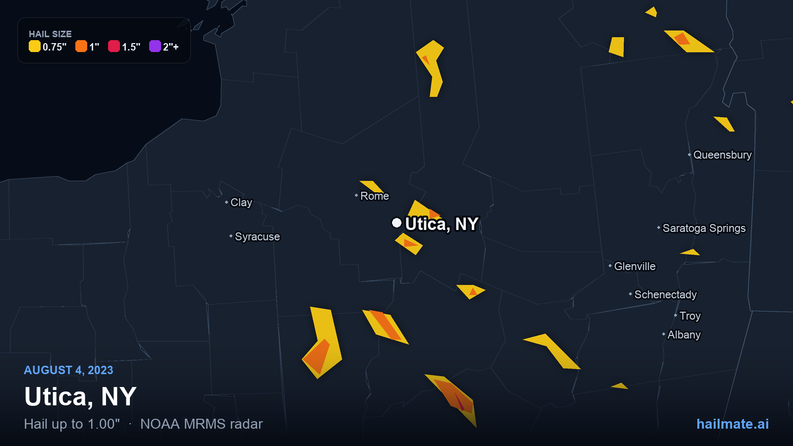 Hail swath map for Utica, NY on August 4, 2023 showing 1.00 inch hail.