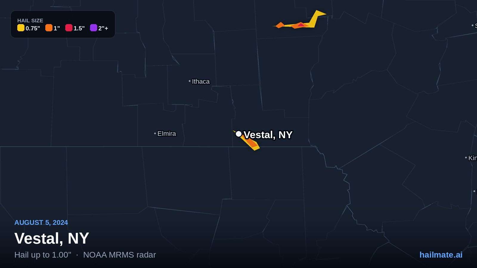 Hail swath map for Vestal, NY on August 5, 2024 showing 1.00 inch hail.