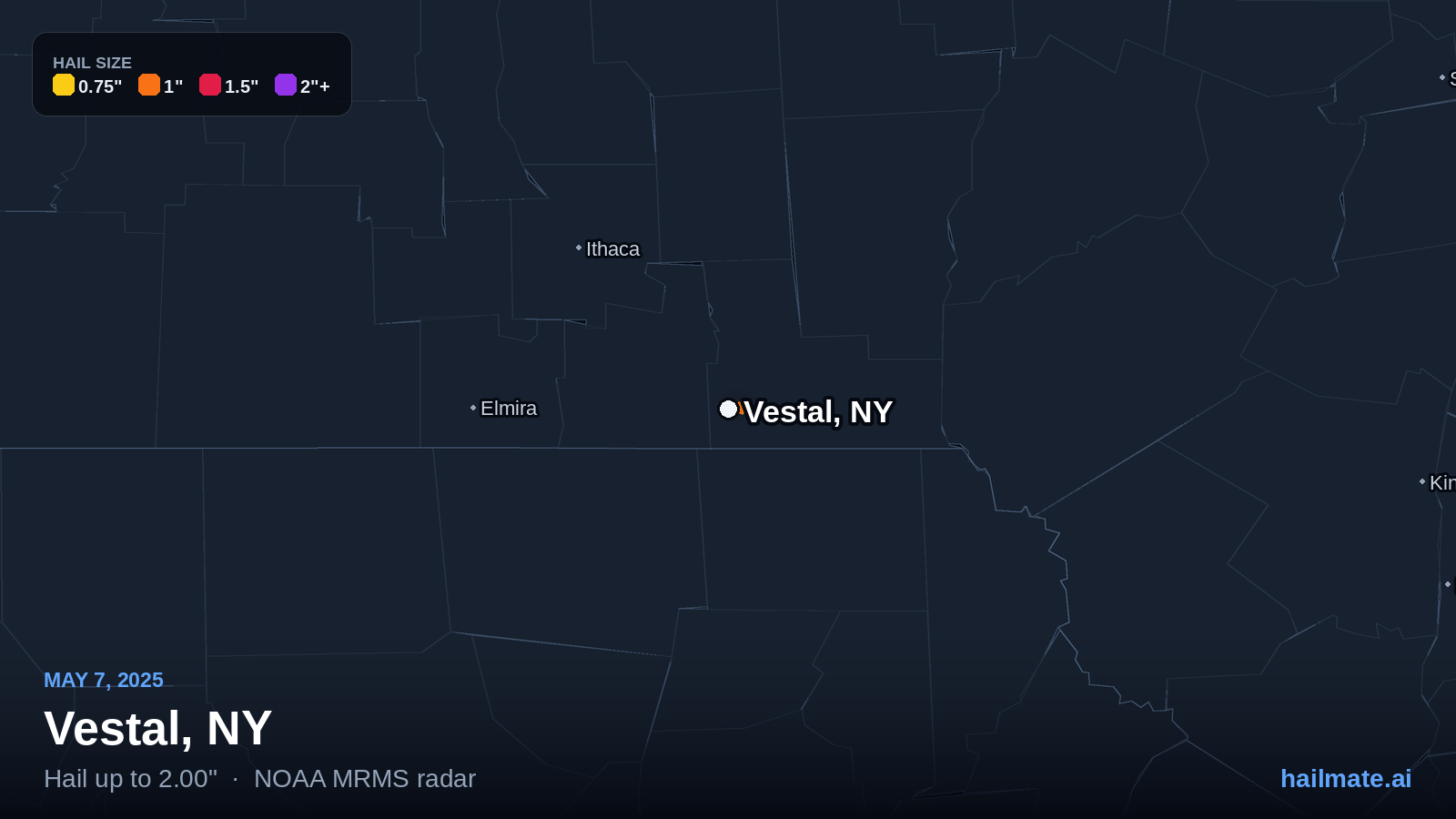 Hail swath map for Vestal, NY on May 7, 2025 showing 2.00 inch hail.