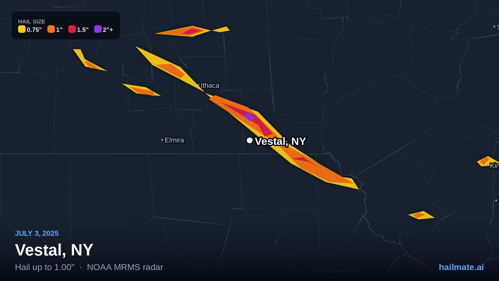 Hail swath map for Vestal, NY on July 3, 2025 showing 1.00 inch hail.