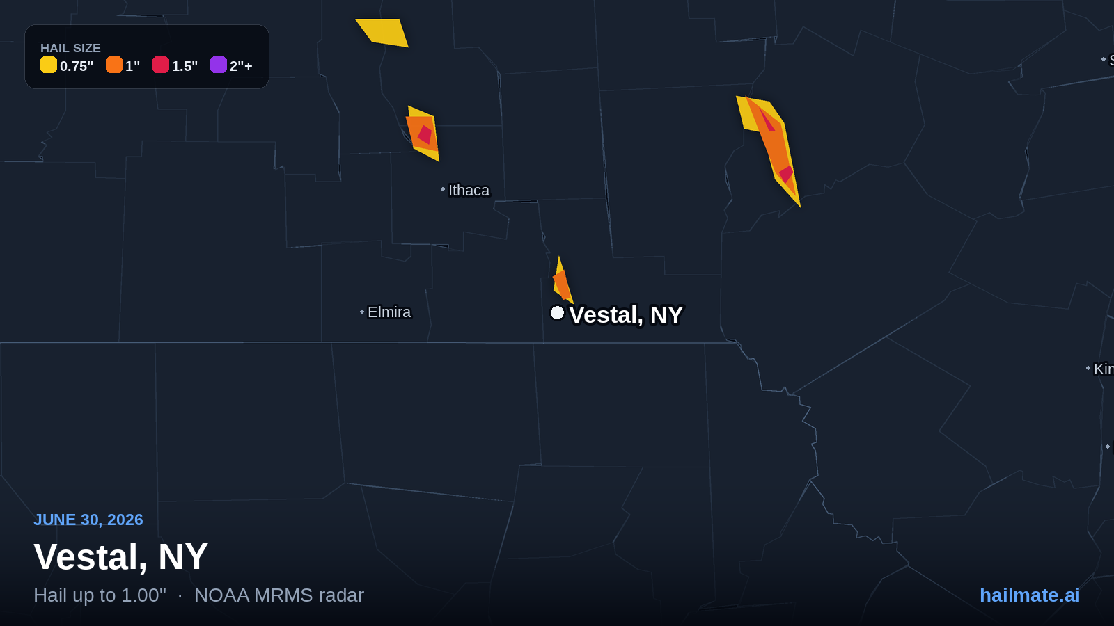Hail swath map for Vestal, NY on June 30, 2026 showing 1.00 inch hail.