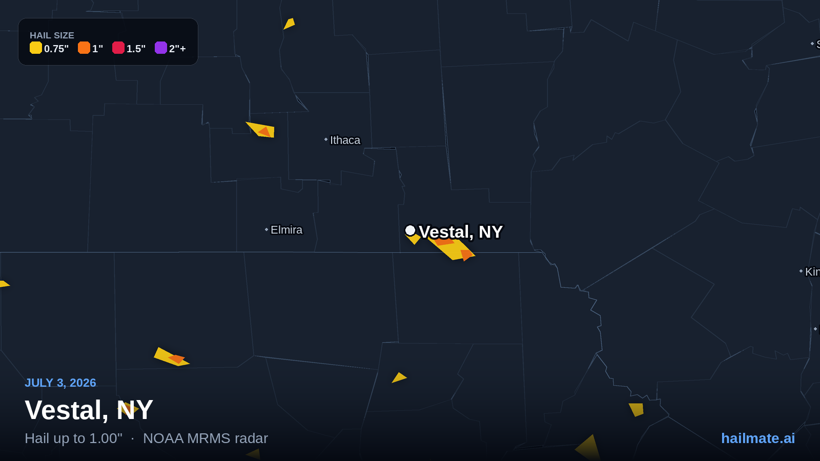 Hail swath map for Vestal, NY on July 3, 2026 showing 1.00 inch hail.