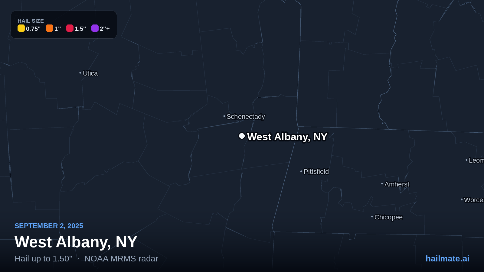 Hail swath map for West Albany, NY on September 2, 2025 showing 1.50 inch hail.