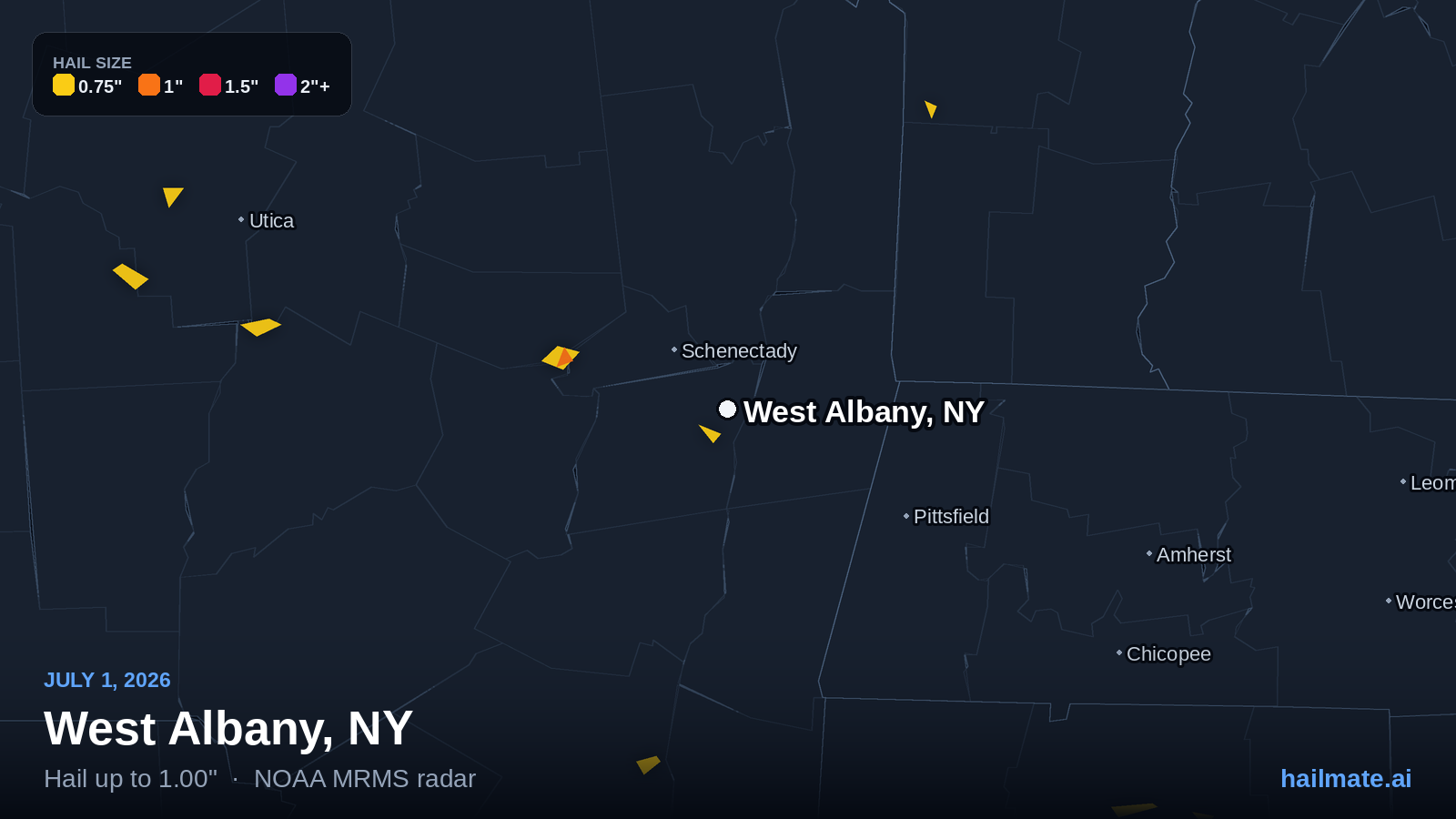 Hail swath map for West Albany, NY on July 1, 2026 showing 1.00 inch hail.
