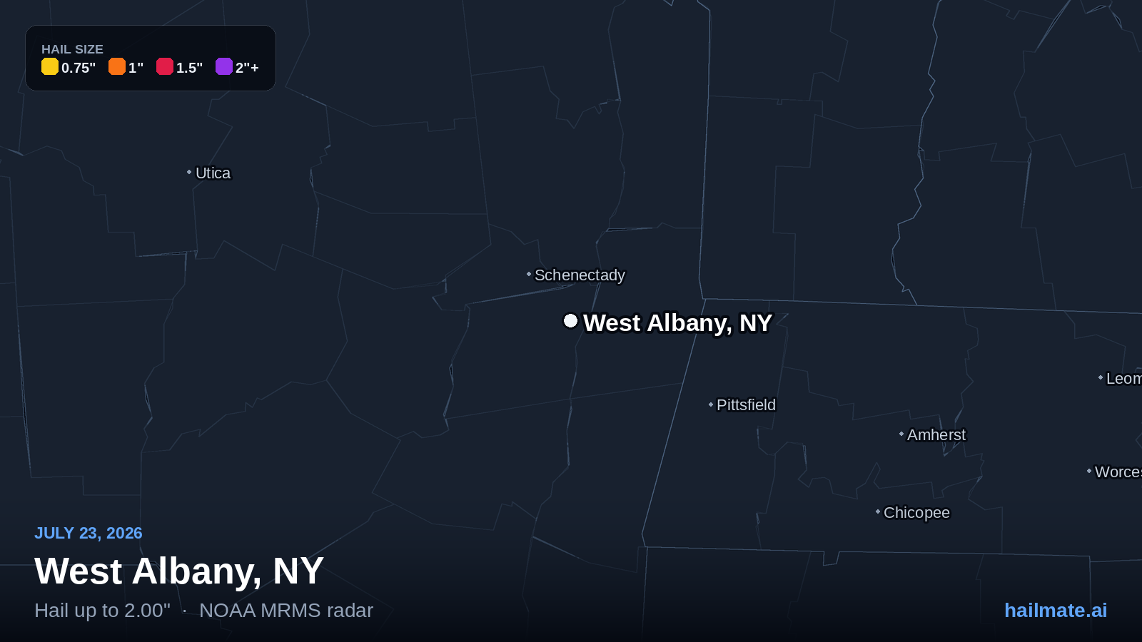 Hail swath map for West Albany, NY on July 23, 2026 showing 2.00 inch hail.