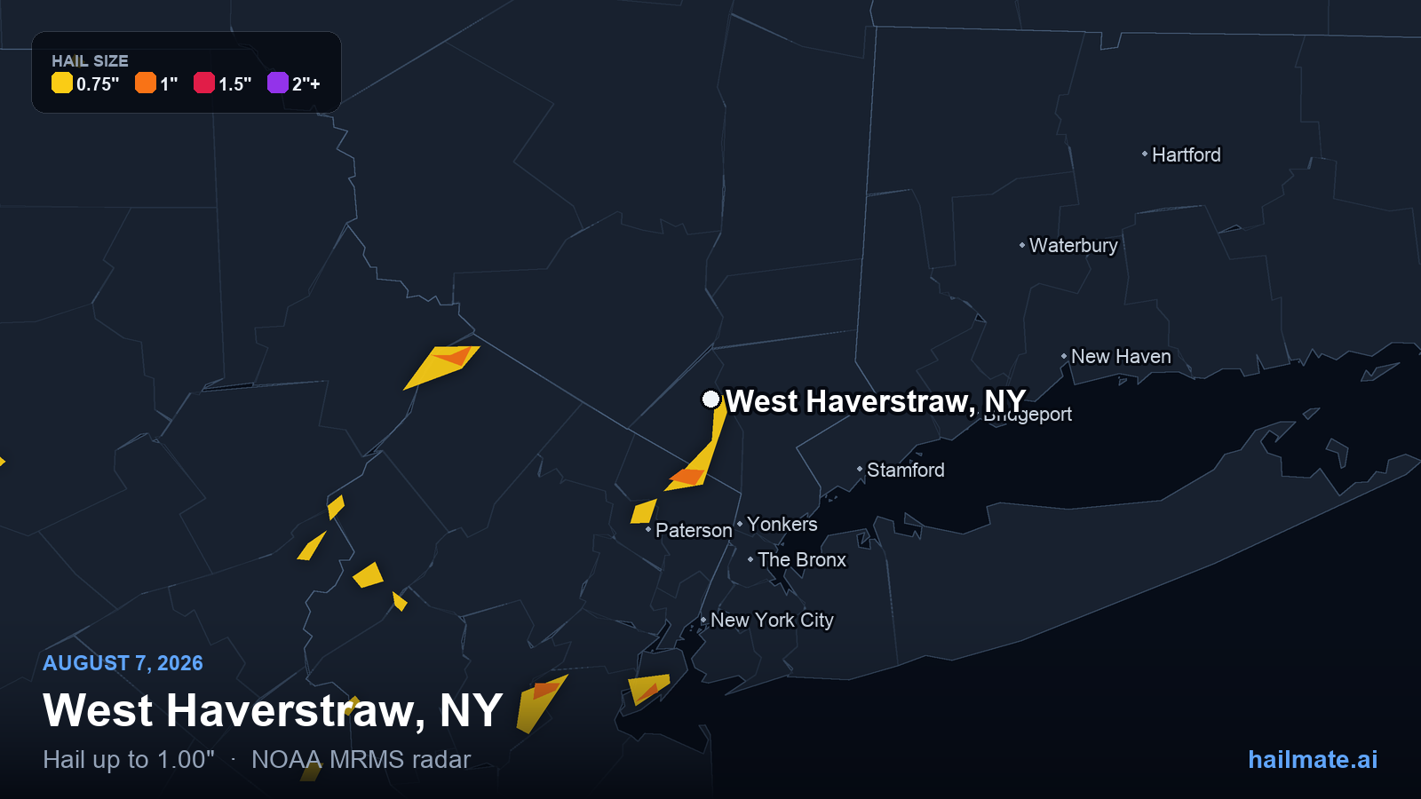 Hail swath map for West Haverstraw, NY on August 7, 2026 showing 1.00 inch hail.