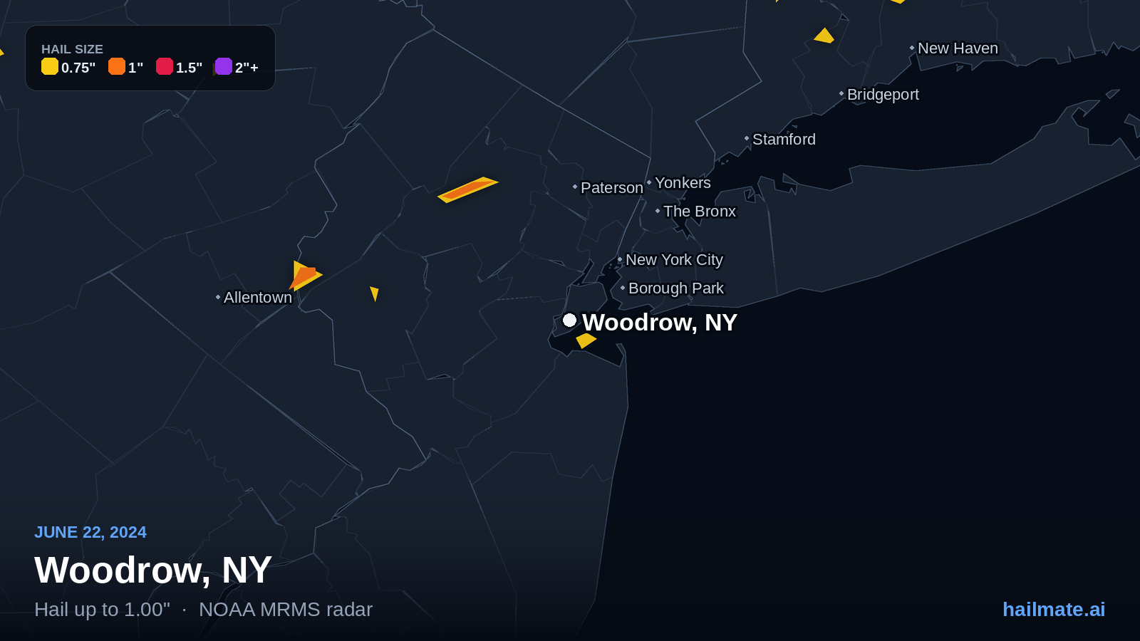 Hail swath map for Woodrow, NY on June 22, 2024 showing 1.00 inch hail.