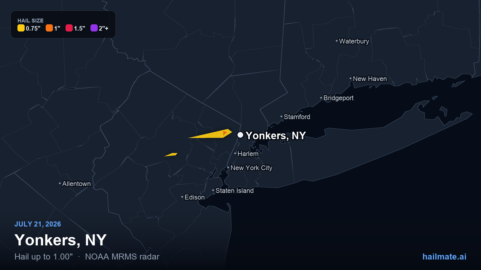 Hail swath map for Yonkers, NY on July 21, 2026 showing 1.00 inch hail.