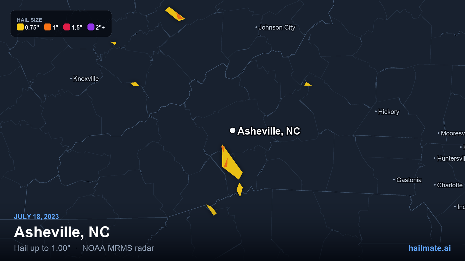 Hail swath map for Asheville, NC on July 18, 2023 showing 1.00 inch hail.