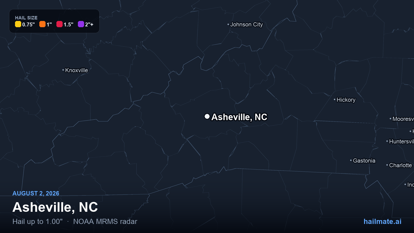Hail swath map for Asheville, NC on August 2, 2026 showing 1.00 inch hail.