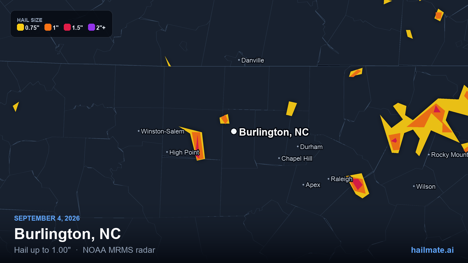 Hail swath map for Burlington, NC on September 4, 2026 showing 1.00 inch hail.