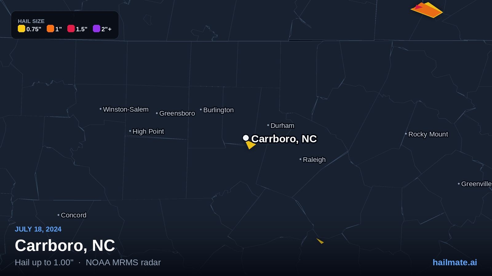 Hail swath map for Carrboro, NC on July 18, 2024 showing 1.00 inch hail.