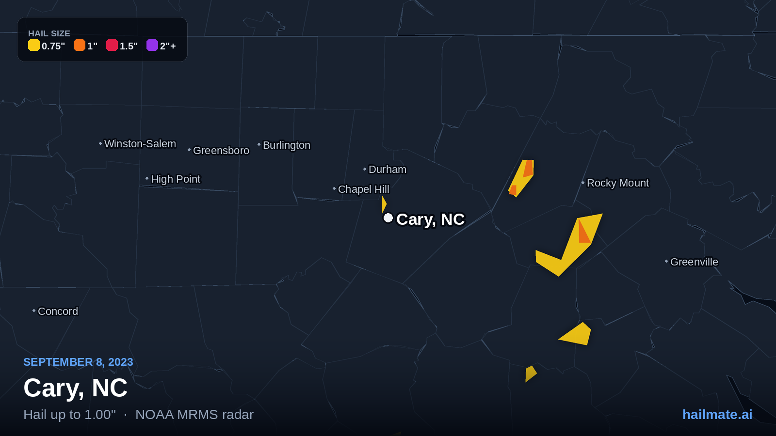 Hail swath map for Cary, NC on September 8, 2023 showing 1.00 inch hail.