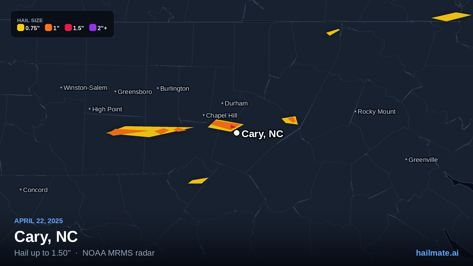 Hail swath map for Cary, NC on April 22, 2025 showing 1.50 inch hail.