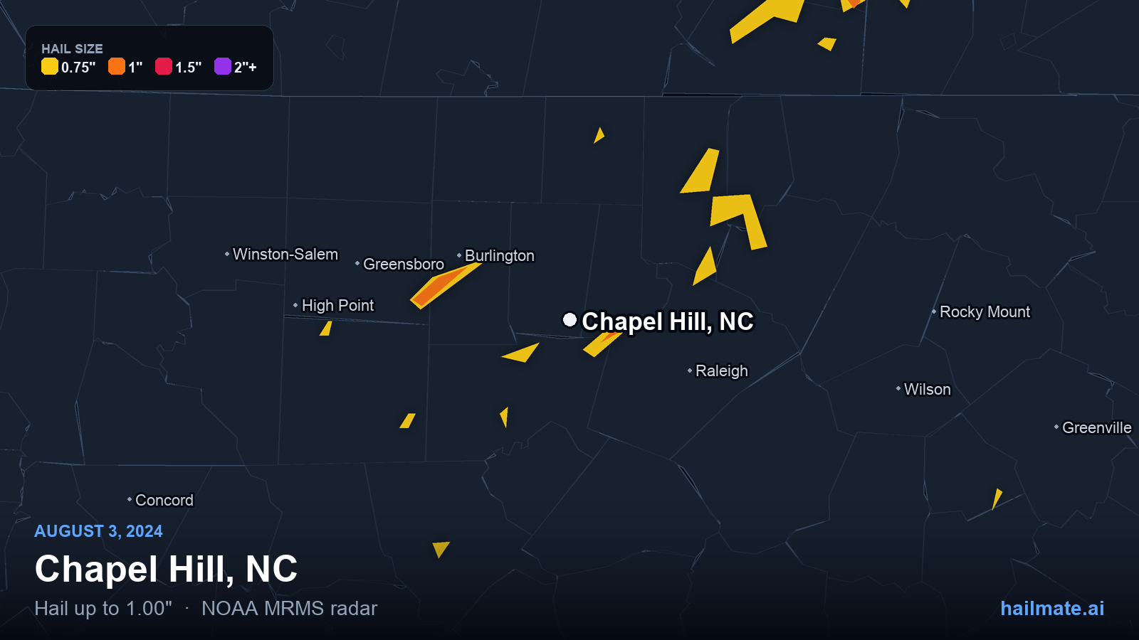 Hail swath map for Chapel Hill, NC on August 3, 2024 showing 1.00 inch hail.