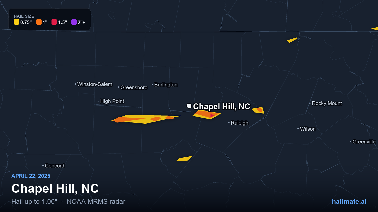 Hail swath map for Chapel Hill, NC on April 22, 2025 showing 1.00 inch hail.