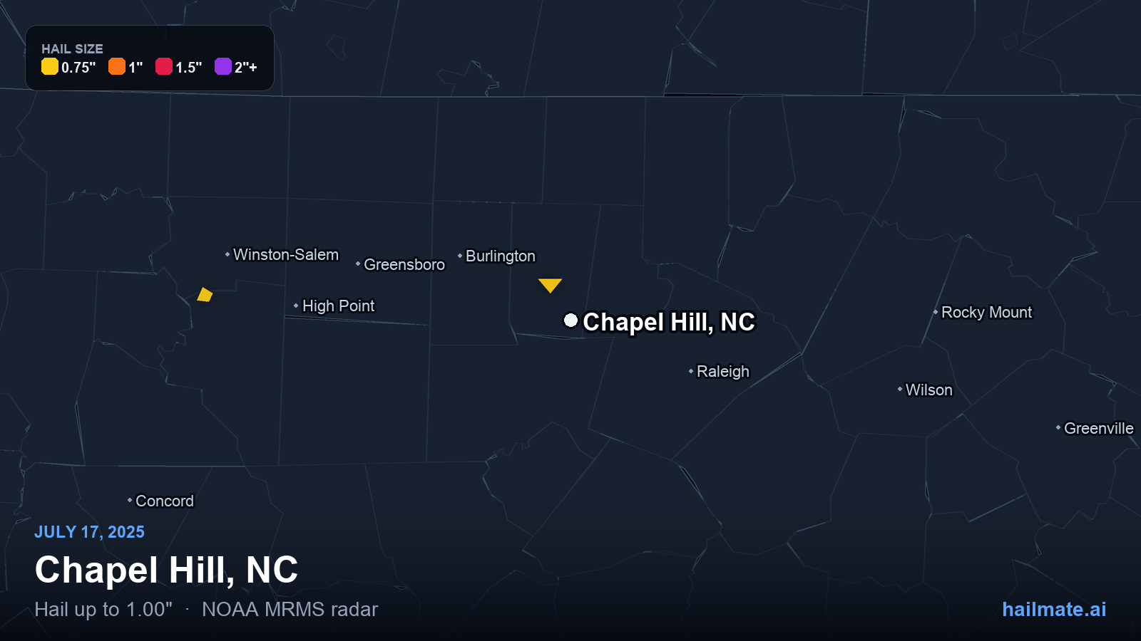 Hail swath map for Chapel Hill, NC on July 17, 2025 showing 1.00 inch hail.