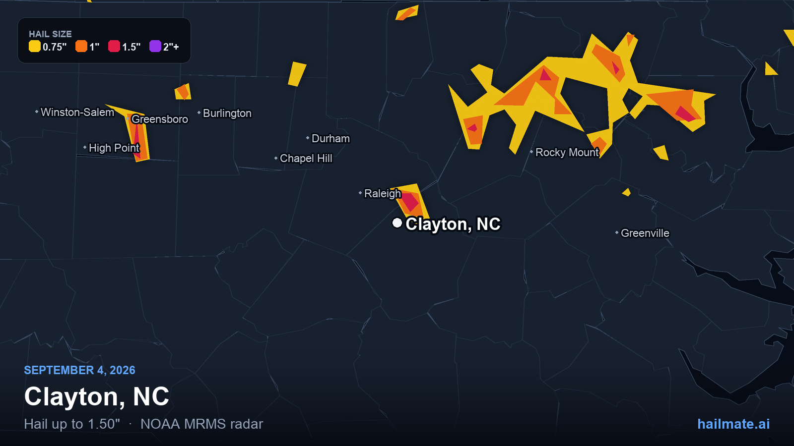 Hail swath map for Clayton, NC on September 4, 2026 showing 1.50 inch hail.