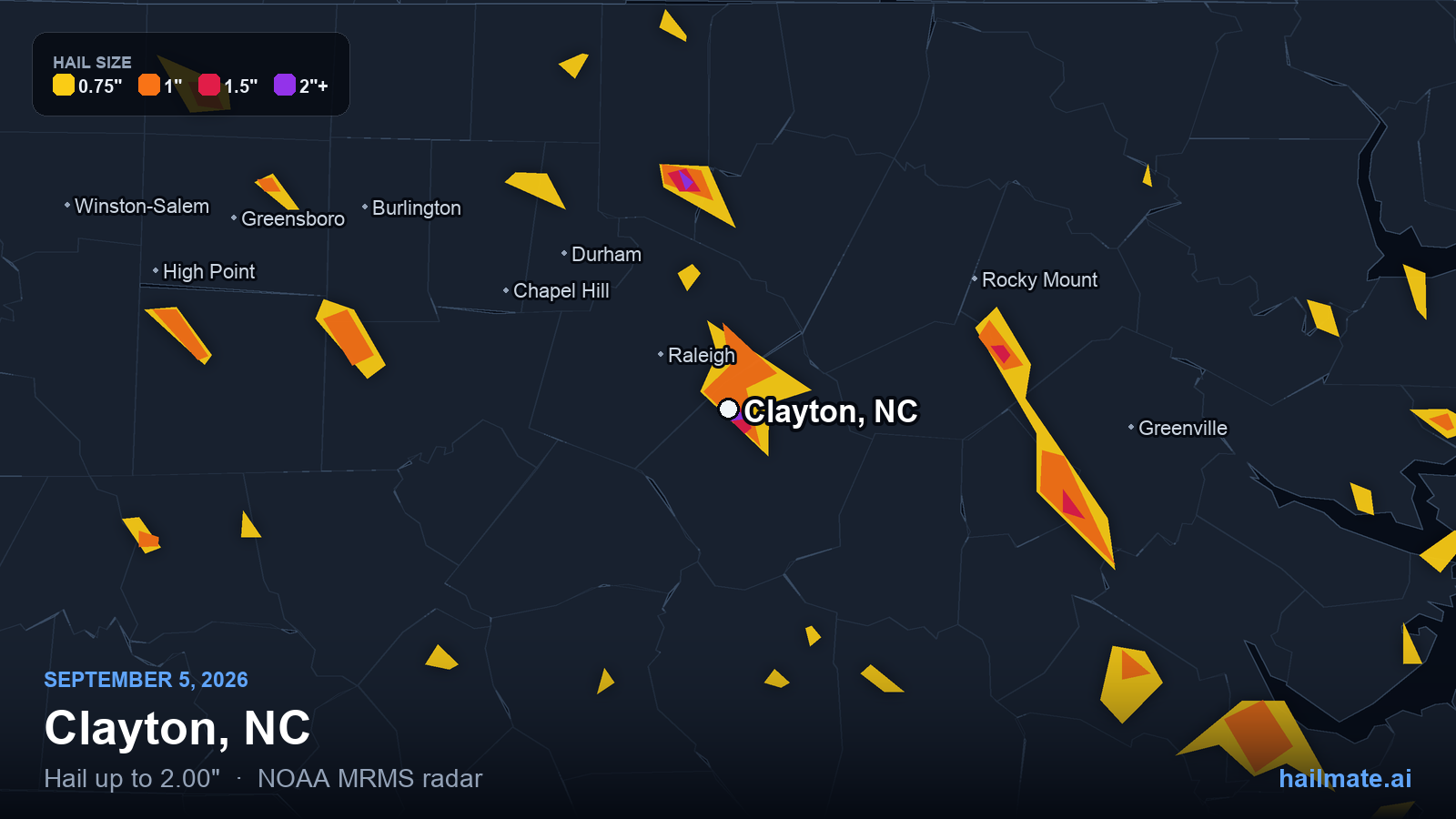 Hail swath map for Clayton, NC on September 5, 2026 showing 2.00 inch hail.