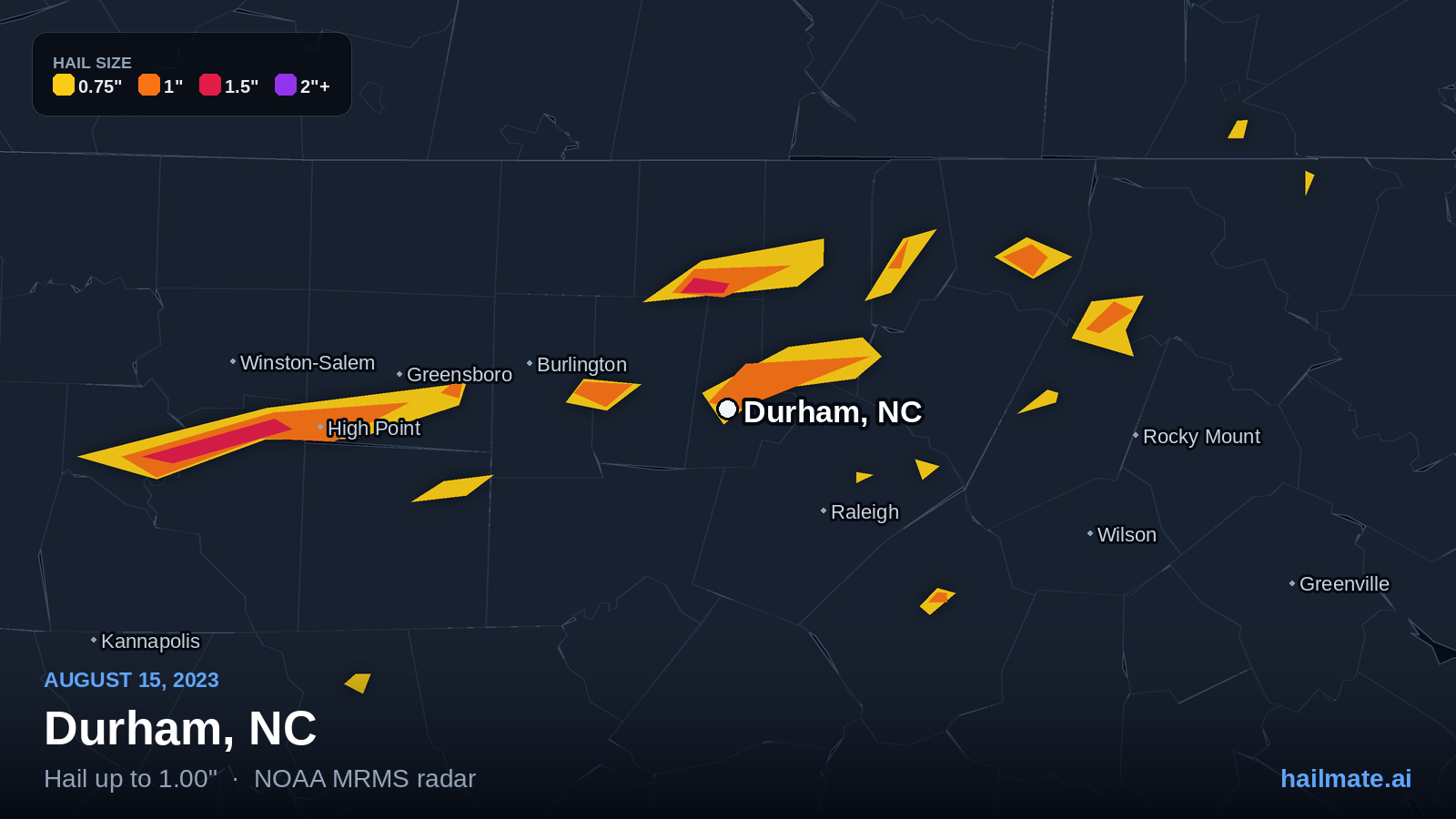Hail swath map for Durham, NC on August 15, 2023 showing 1.00 inch hail.