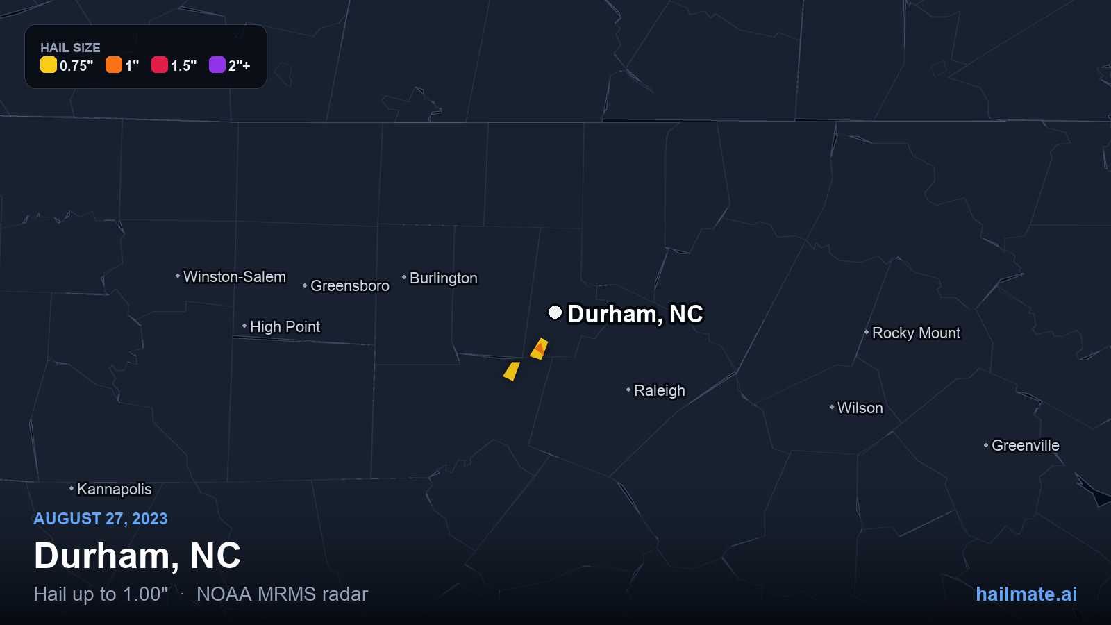 Hail swath map for Durham, NC on August 27, 2023 showing 1.00 inch hail.