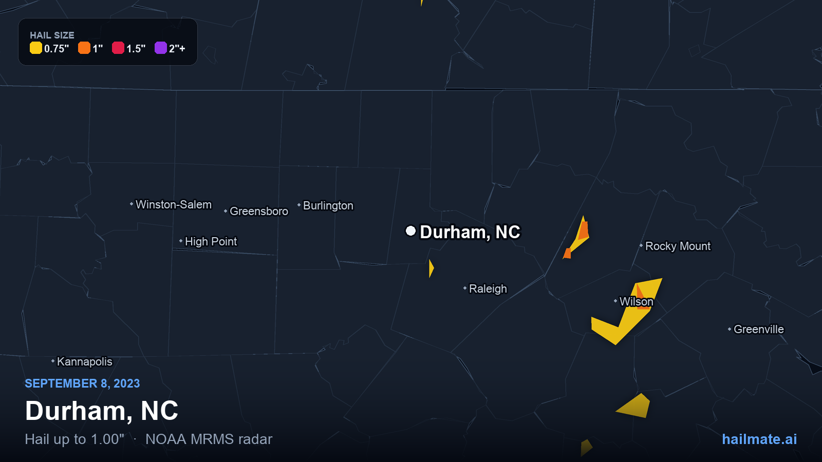 Hail swath map for Durham, NC on September 8, 2023 showing 1.00 inch hail.