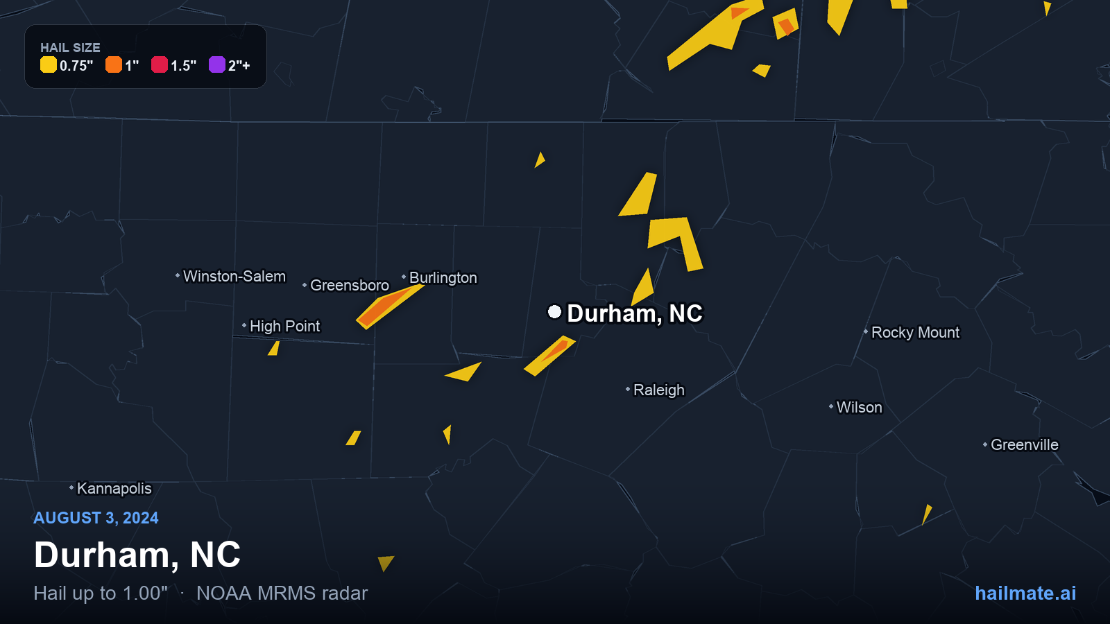 Hail swath map for Durham, NC on August 3, 2024 showing 1.00 inch hail.