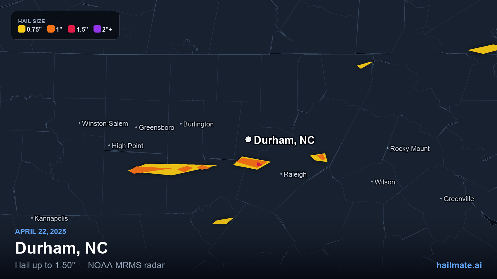 Hail swath map for Durham, NC on April 22, 2025 showing 1.50 inch hail.