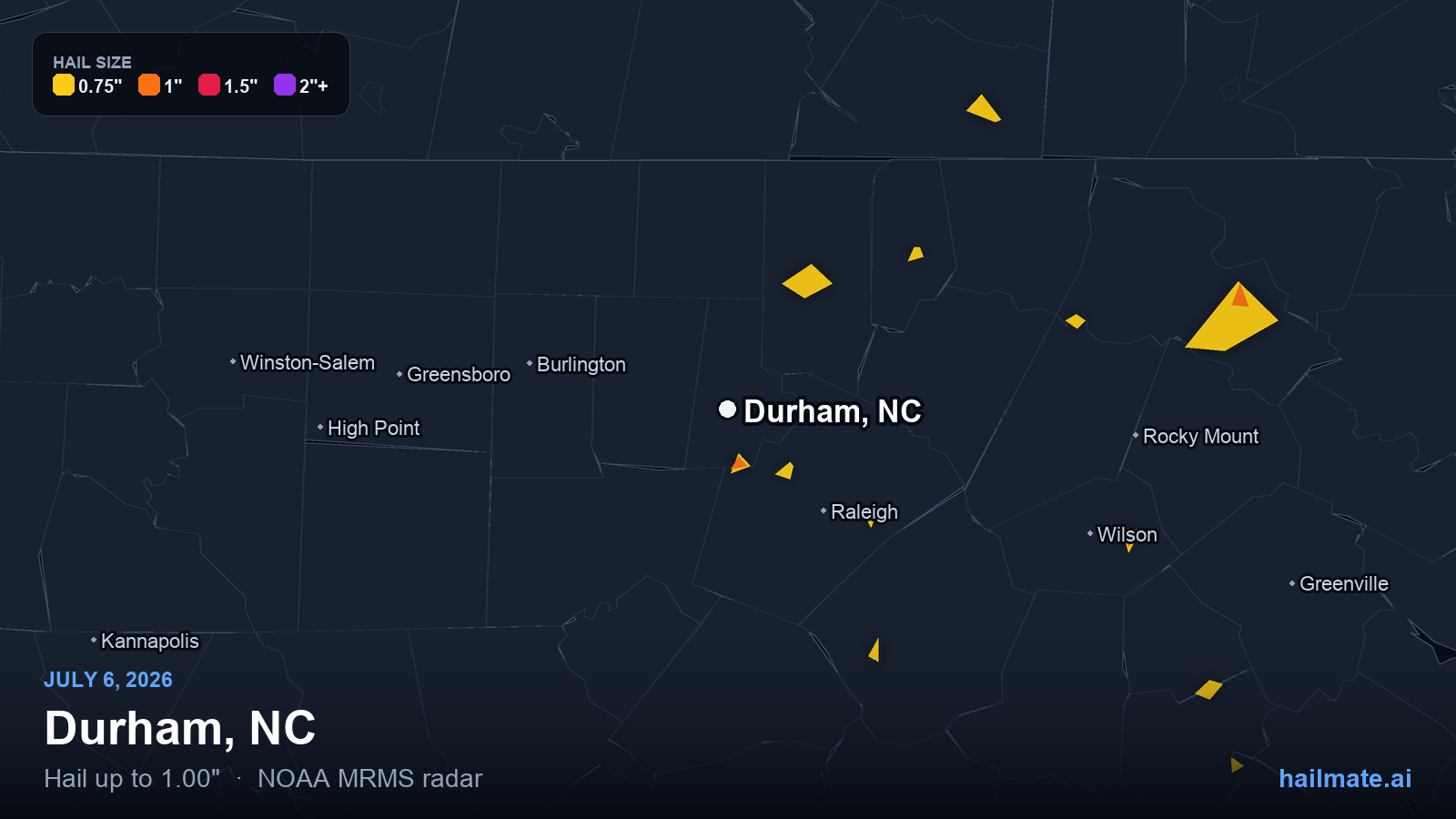 Hail swath map for Durham, NC on July 6, 2026 showing 1.00 inch hail.