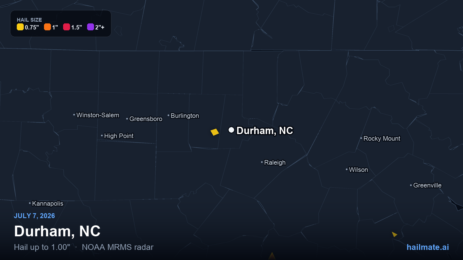Hail swath map for Durham, NC on July 7, 2026 showing 1.00 inch hail.
