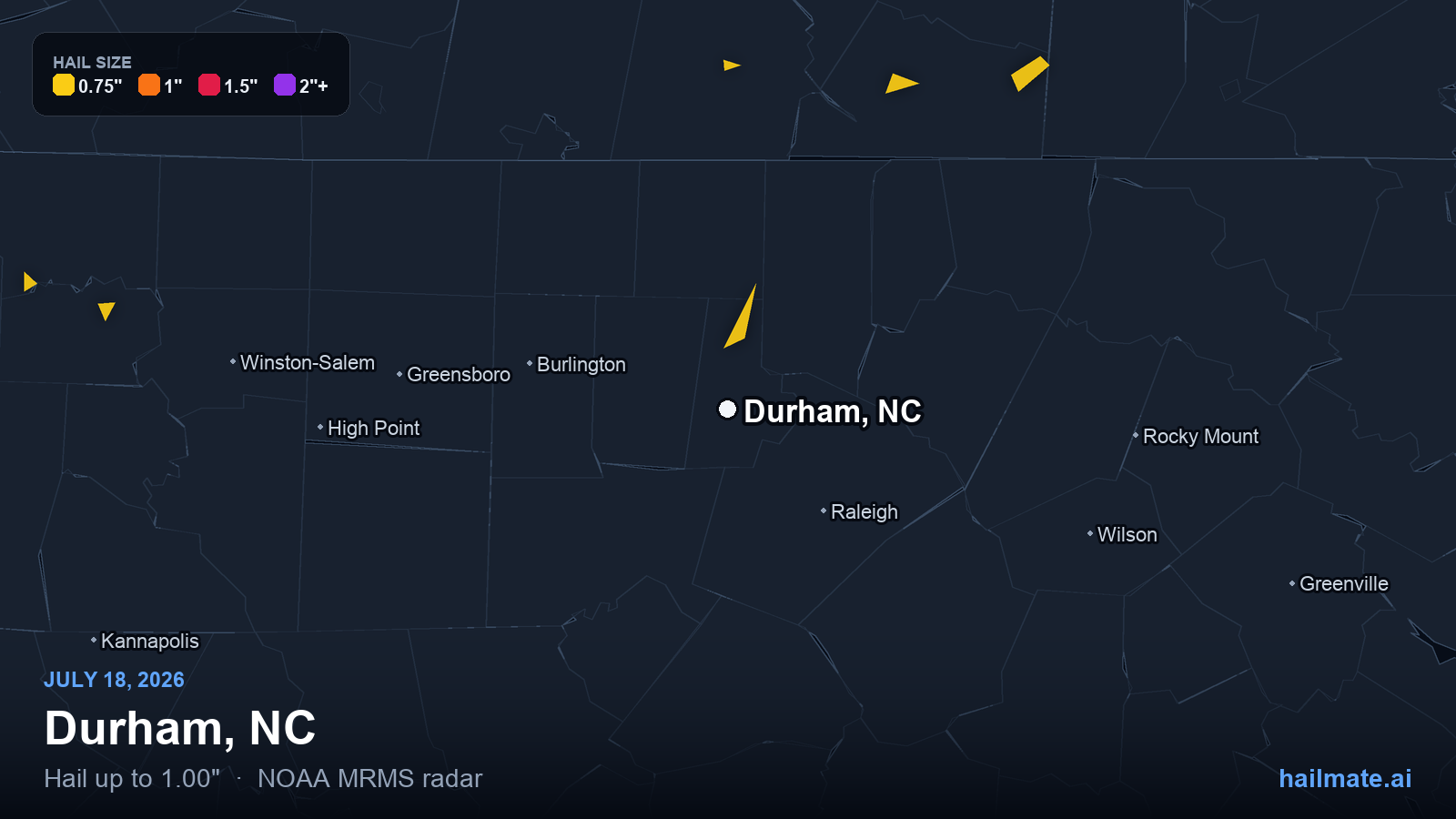 Hail swath map for Durham, NC on July 18, 2026 showing 1.00 inch hail.