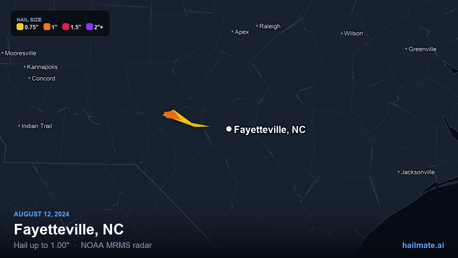 Hail swath map for Fayetteville, NC on August 12, 2024 showing 1.00 inch hail.