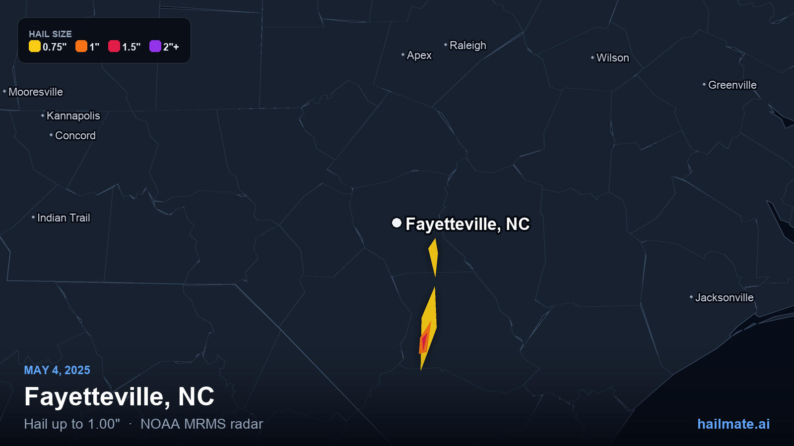 Hail swath map for Fayetteville, NC on May 4, 2025 showing 1.00 inch hail.