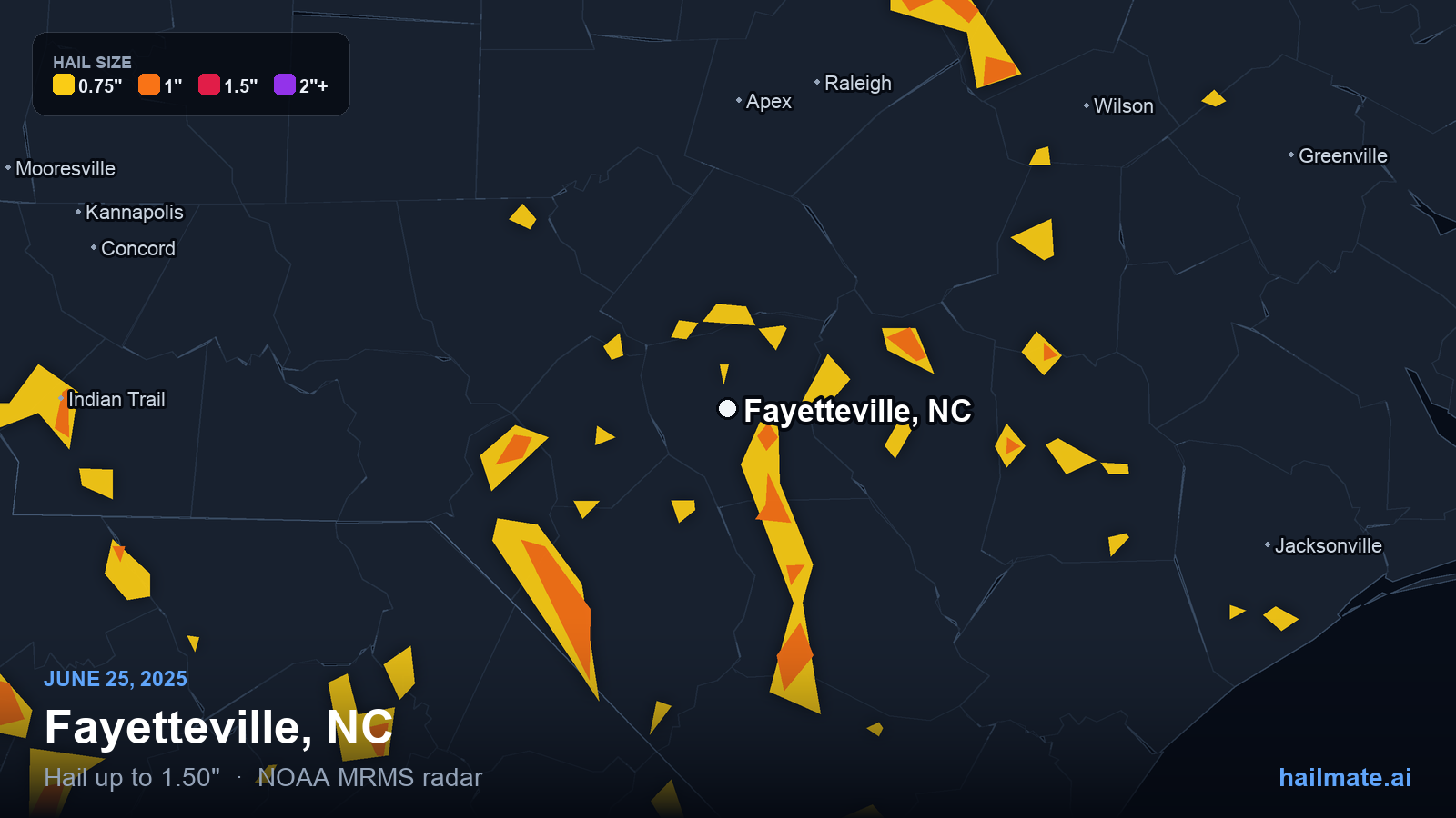 Hail swath map for Fayetteville, NC on June 25, 2025 showing 1.50 inch hail.