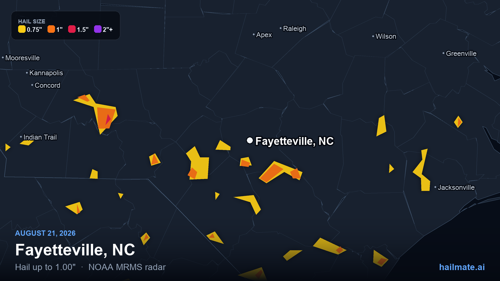Hail swath map for Fayetteville, NC on August 21, 2026 showing 1.00 inch hail.