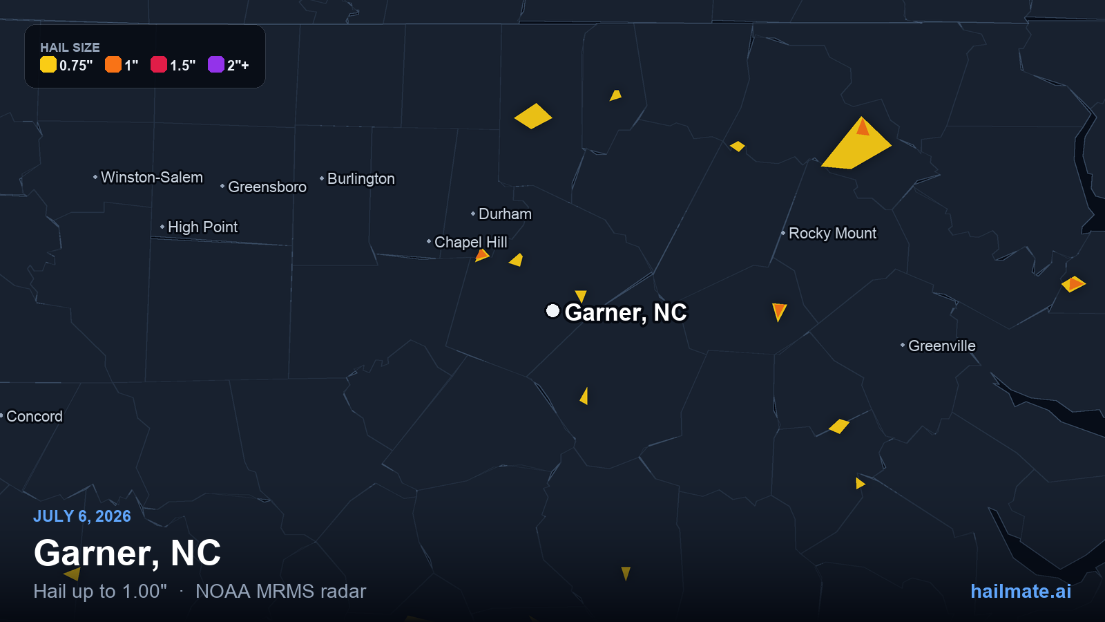 Hail swath map for Garner, NC on July 6, 2026 showing 1.00 inch hail.
