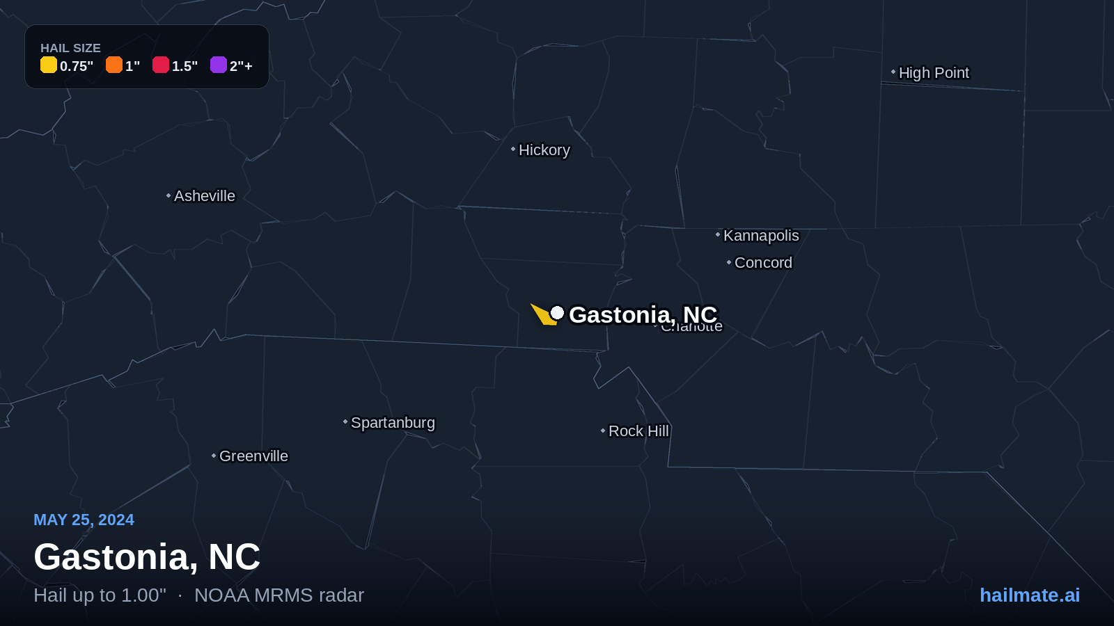 Hail swath map for Gastonia, NC on May 25, 2024 showing 1.00 inch hail.