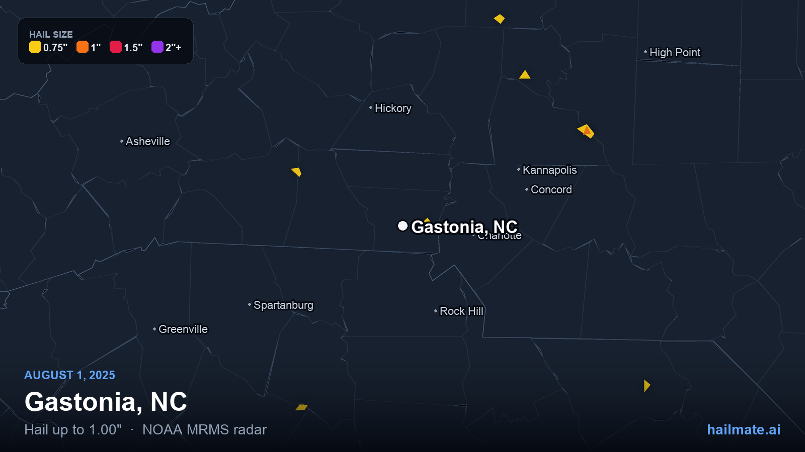Hail swath map for Gastonia, NC on August 1, 2025 showing 1.00 inch hail.