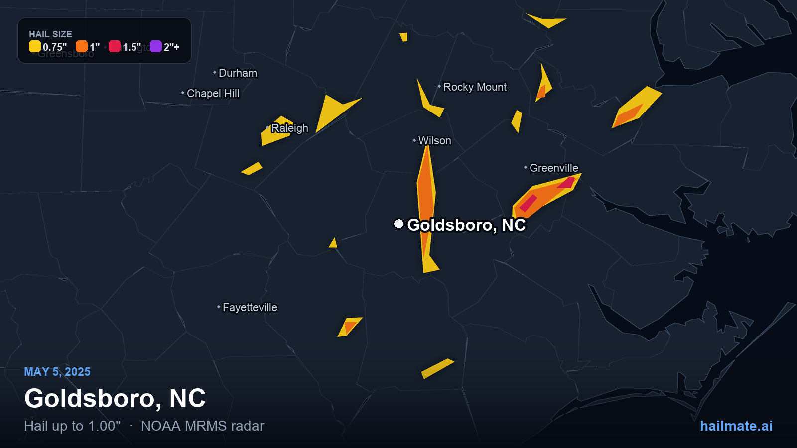 Hail swath map for Goldsboro, NC on May 5, 2025 showing 1.00 inch hail.
