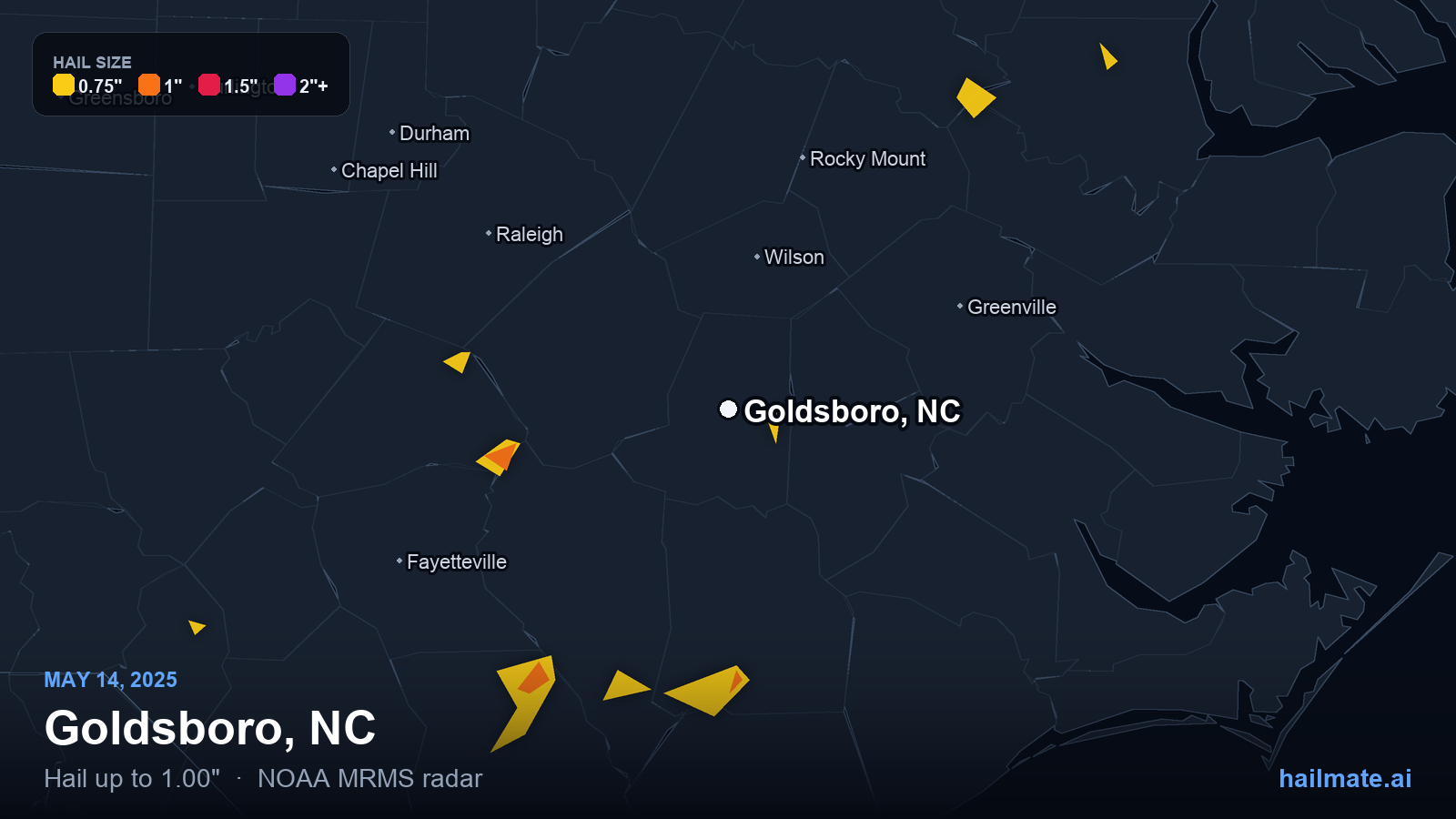 Hail swath map for Goldsboro, NC on May 14, 2025 showing 1.00 inch hail.