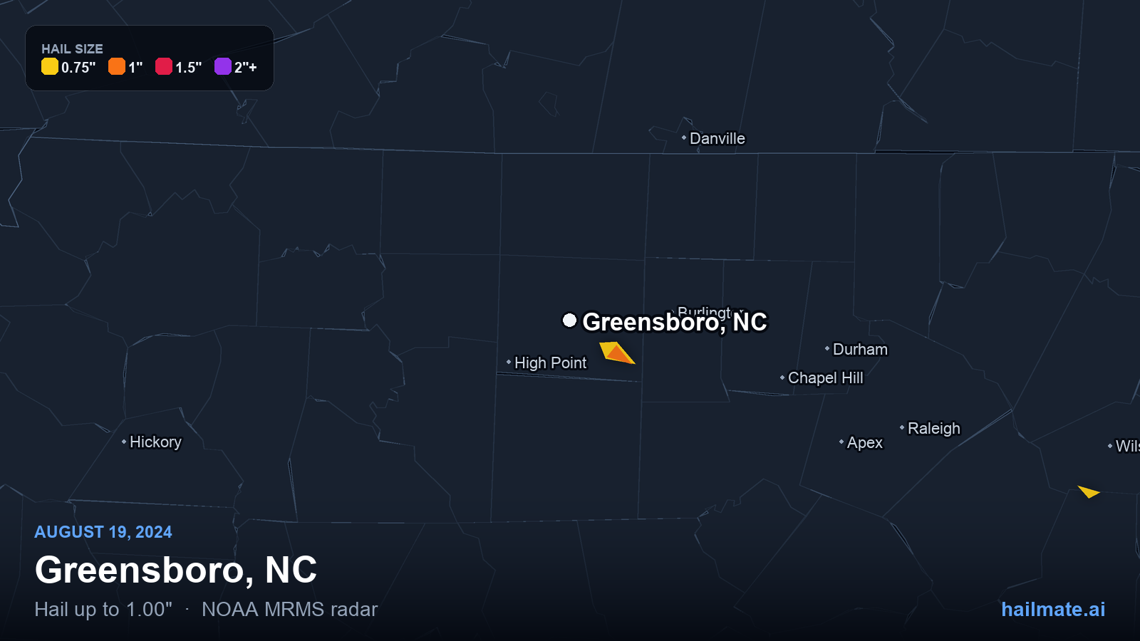Hail swath map for Greensboro, NC on August 19, 2024 showing 1.00 inch hail.