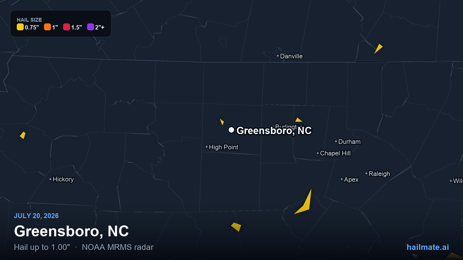 Hail swath map for Greensboro, NC on July 20, 2026 showing 1.00 inch hail.