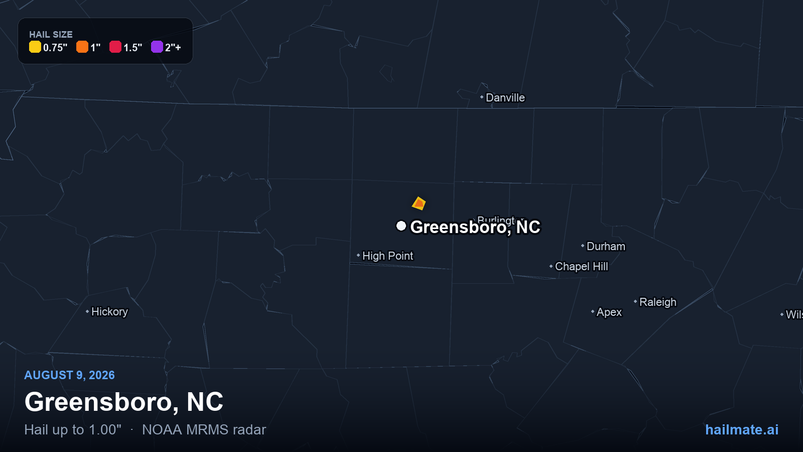 Hail swath map for Greensboro, NC on August 9, 2026 showing 1.00 inch hail.