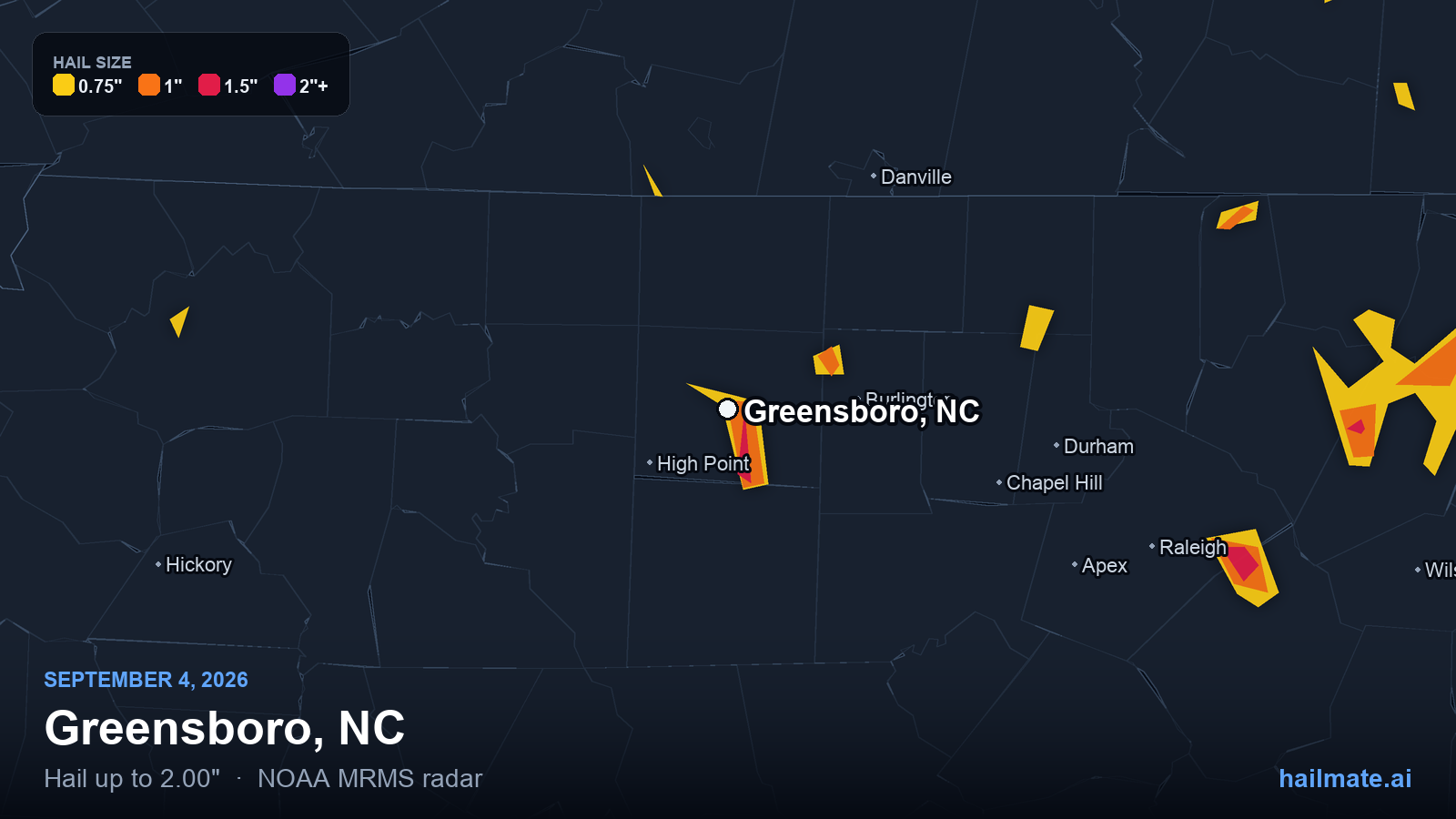 Hail swath map for Greensboro, NC on September 4, 2026 showing 2.00 inch hail.