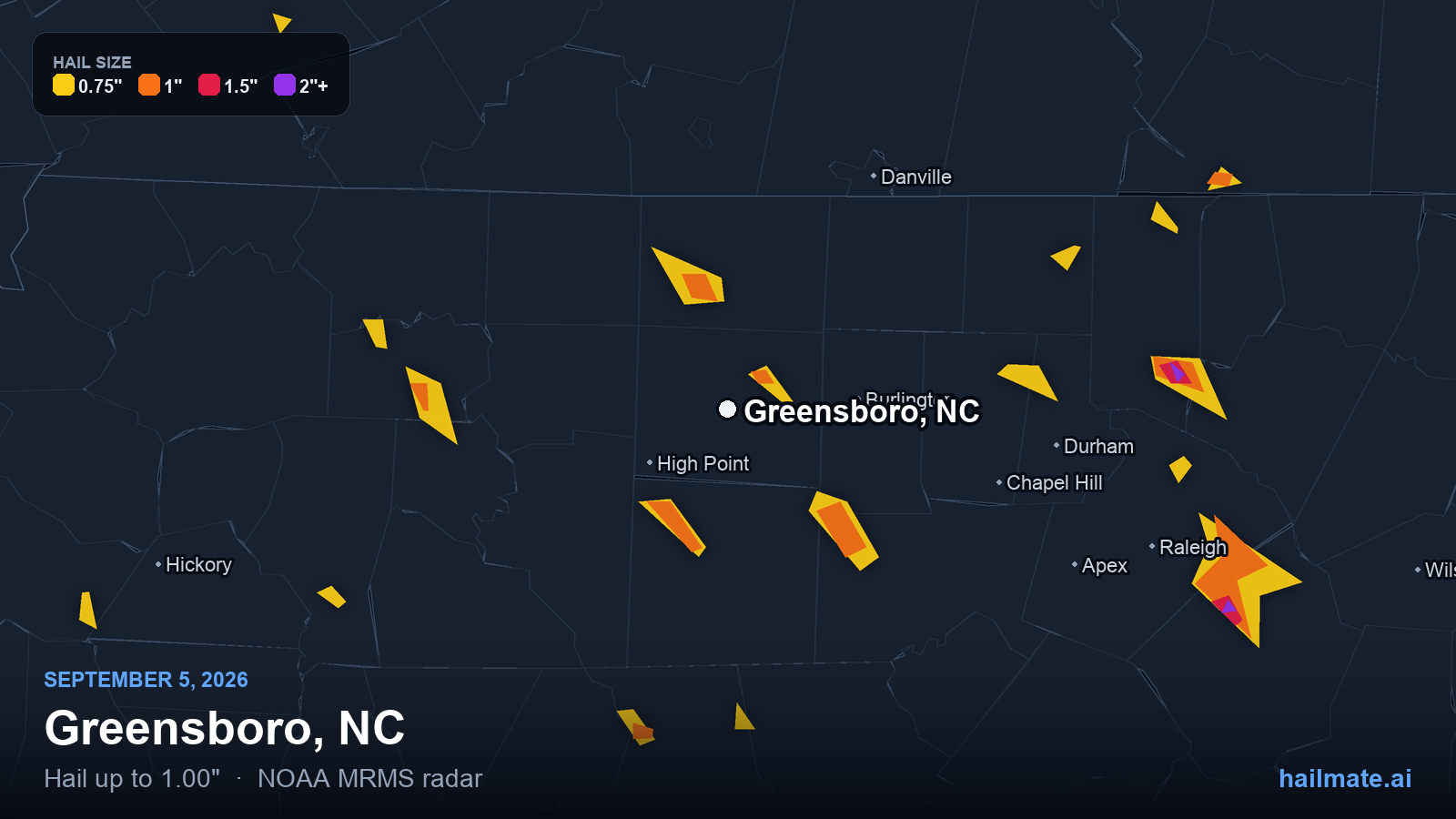 Hail swath map for Greensboro, NC on September 5, 2026 showing 1.00 inch hail.